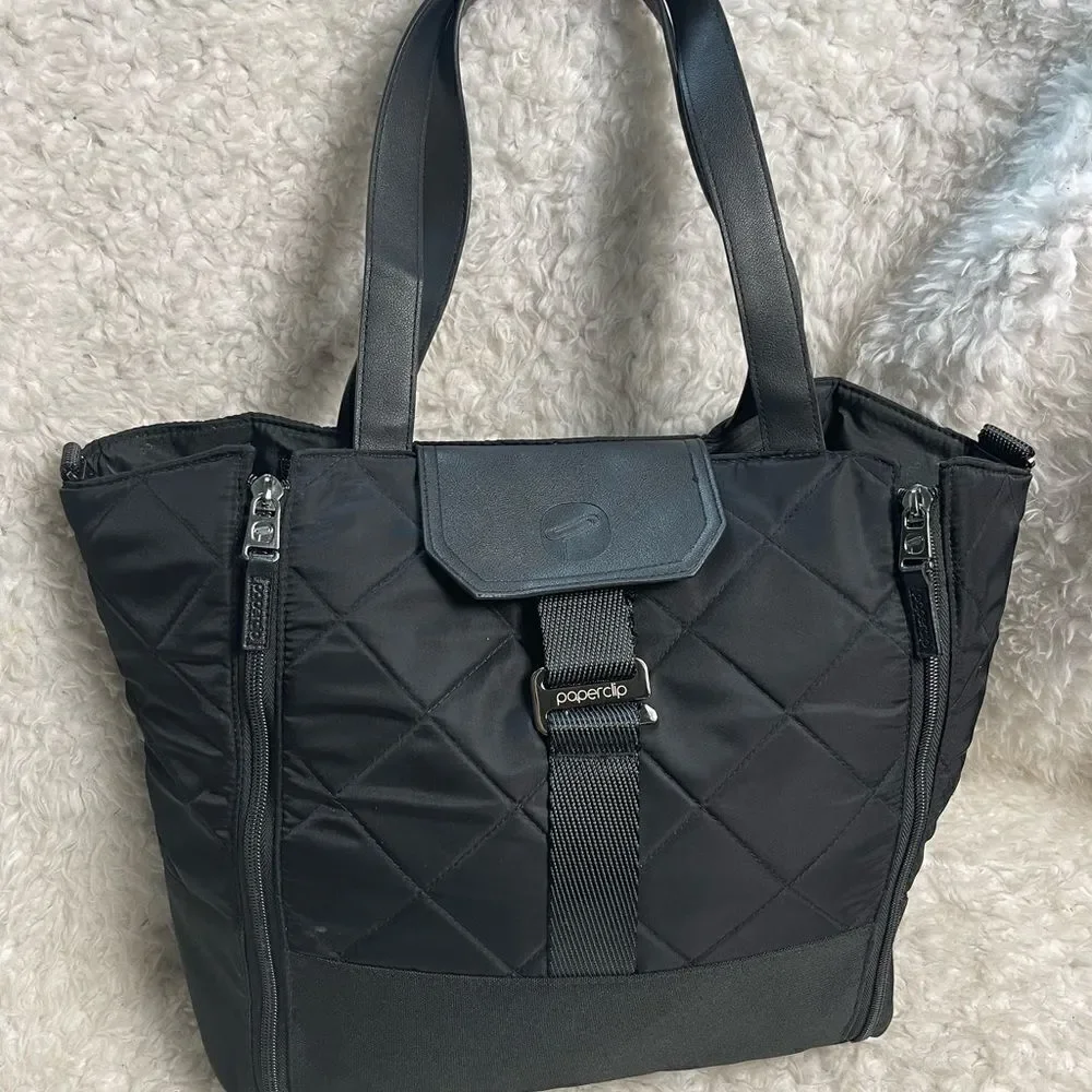 Paper Clip Black Nylon Quilted Large Diaper Bag silver tone hardwares.